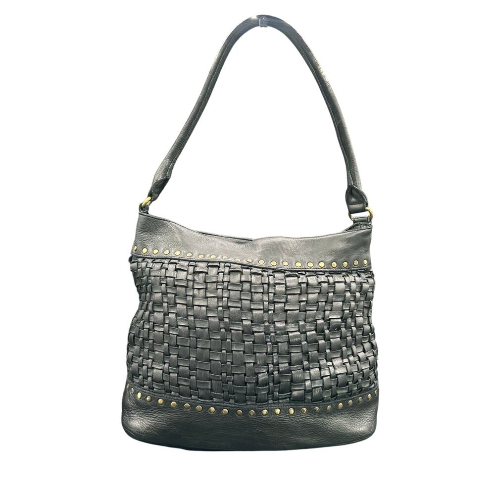 Marta Ponti Black Woven Leather Hobo Shoulder Bag Brass Stud Accents Boho